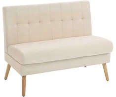Dvivietė sofa, dygsniuotas atlošas, medinės kojos, storas paminkštinimas, lininio audinio išvaizda, skirta mažoms erdvėms, smėlio spalvos