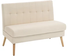 2 vietų sofa, dygsniuotas atlošas, medinės kojelės, storas paminkštinimas, lino išvaizda, mažiems kambariams, smėlio spalvos