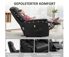 Fotelis HOMCOM Elektrinis poilsio krėslas su kėlimo funkcija, atlošimu, masažu, kojų atrama, šonine kišene, nuotoliniu pulteliu, svetainei, iki 150 kg, dirbtinė oda, juodas