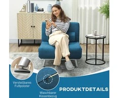 HOMCOM išskleidžiamas fotelis, fotelis-lova su miegojimo funkcija, atlošas, sulankstomas poilsio fotelis lino imitacijos audiniu, reguliuojamas atlošas, atlaiko iki 150 kg, svetainei, mėlynas