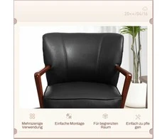 Fotelis Homcom Minkšta kėdė, minkšta akcentinė kėdė su porankiais, medinės kojos, poilsio kėdė su porankiais svetainei, miegamajam, dirbtinė oda, juoda, 67 x 77 x 80 cm
