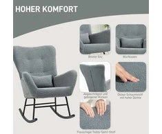 Fotelis HOMCOM supamoji kėdė, krėslas su meškiuko kailio efektu, porankiai, žindymo kėdė su medinėmis kojomis, juosmens pagalvėlė, poilsio kėdė su šonine kišene svetainei, miegamajam, pilka