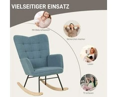 Fotelis HOMCOM Supamasis krėslas, Supamasis krėslas su berberų vilnos išvaizda, Porankis, Minkštas krėslas su mediniais takeliais, Atsipalaidavimo krėslas svetainei, miegamajam, iki 120 kg keliamoji galia, Šviesiai mėlyna
