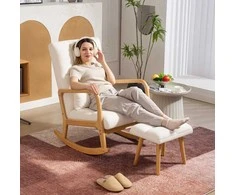 Fotelis HOMCOM supamasis su pufu, supamasis krėslas su flisu, porankiais, aukštu atlošu, medinėmis kojelėmis, apmuštas, poilsio krėslas, maitinimo krėslas svetainei, miegamajam, baltas