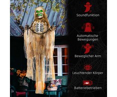 HOMCOM 183cm Helovino dekoracija Kabantis skeletas su LED žibintais, garso funkcija, priekinių durų dekoracija su reguliuojamomis rankomis, natūralaus dydžio sodo dekoracija, skirta vakarėliams