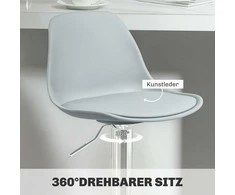 HOMCOM 2 baro kėdės, minkštos baro kėdės su plieniniu rėmu, atlošu, reguliuojamo aukščio virtuvės kėdės su atramomis kojoms 360° pasukama kėdė virtuvei, svetainei, valgomajam, pilka odos imitacija