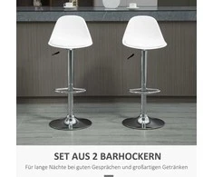 HOMCOM 2 baro kėdžių komplektas, su atlošu, modernaus dizaino, reguliuojamo aukščio, barui, balta spalva, dirbtinė oda, plienas, iki 120 kg, 40x42x82-104 cm