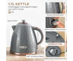 HOMCOM 2-in-1 virtuvės rinkinys, skrudintuvas ir virdulys, keli variantai, 1,7 l, 4 skrudinimo vietos vienu metu, plastikas, pilka