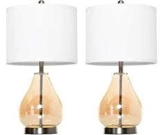 HOMCOM 2 naktinių lempų rinkinys su E27 lizdu, 40 W, stiklas, linas, plienas, gintaras, Ø30 x 56H cm