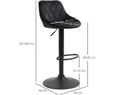 HOMCOM baro kėdžių komplektas, 2 vnt., reguliuojamo aukščio, juodos spalvos, bistro kėdės, su atrama kojoms ir nugarai, aksominės, metalinės, 46x48x83-104 cm