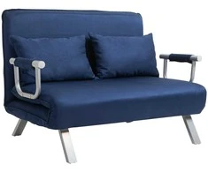 HOMCOM 2 vietų sofa-lova, sofa su reguliuojamu atlošu, dekoratyvinė pagalvė, sofa su aksomo efektu, porankiai, minkštas baldas svetainei, miegamajam, mėlyna