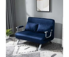 HOMCOM 2 vietų sofa-lova su miegamąja funkcija, sofa-lova su reguliuojamu atlošu, pagalvė, aksomo išvaizdos sofa, porankis, minkšta sofa svetainei, miegamajam, mėlyna