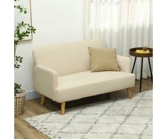 HOMCOM 2 vietų sofa, maža aksomo išvaizdos sofa, medinės kojos, stora minkšta sofa su porankiu, skirta svetainei, miegamajam, 130 x 74 x 79 cm, kreminės baltos spalvos