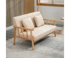 HOMCOM 2 vietų sofa sofa 2 juosmens pagalvėlės minkštos medinio rėmo lino išvaizdos dvigulė sofa mažiems kambariams Smėlio spalvos