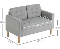 Homcom 2 vietų sofa, sofa su daiktadėže, medinės kojos, minkšta sofa, dvivietė aksominė sofa svetainei, miegamajam, 117x 62 x 78 cm, šviesiai pilka