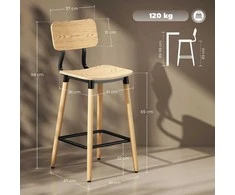 HOMCOM 2 vnt. baro kėdžių komplektas su atlošu ir kojų atrama, virtuvinės kėdės su plieninėmis kojomis, skirtos virtuvei, svetainei, valgomajam, natūralios spalvos