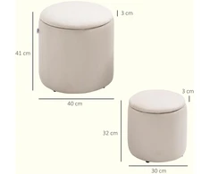 HOMCOM 2 vnt. sėdimųjų pufų komplektas su daiktadėže, osmanas, pėdų kėdutė, laikymo dėžė, nuimamas dangtis, velvetinis apmušalas, kreminės baltos spalvos, 40 x 40 x 41 cm
