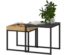 HOMCOM 2 žurnalinių staliukų rinkinys, kampinis staliukas, staliukas su plieno rėmu, modernaus dizaino sofos staliukas, skirtas svetainei, pakraunamas iki 30 kg, juoda+ ąžuolas