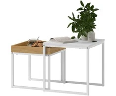 HOMCOM 2 žurnalinių staliukų rinkinys, kampinis staliukas, staliukas su plieniniu rėmu, modernaus dizaino sofos staliukas, skirtas svetainei, pakraunamas iki 30 kg, baltas + ąžuolas