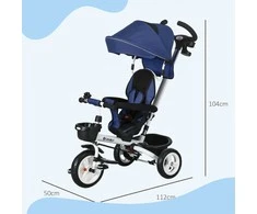 HOMCOM 2in1 triratis stumti baras vaikų triratis saugos diržas sulankstomas saulės stogelis puodelio laikiklis krepšys pedalas 1-5 metų mėlyna