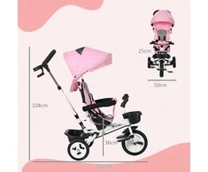 HOMCOM 2in1 triratis stumti baras vaikų triratis saugos diržas sulankstomas saulės stogelis puodelio laikiklis krepšys pedalas 1-5 metų rožinė