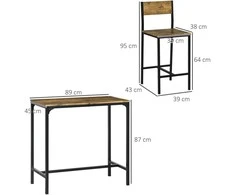 HOMCOM 3 dalių baro komplektas, baro stalas, 2 kėdės, MDF, metalinis rėmas, atsparus vandeniui, rudas