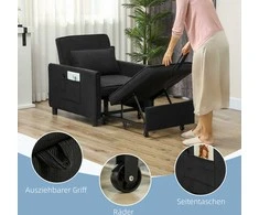 HOMCOM 3-in-1 fotelis miegmaišis, sulankstoma lova su lovos funkcija, juosmens pagalvėlė, sulankstomas atlenkiamas fotelis su reguliuojamu atlošu, ratukai, šoninė kišenė, skirtas svetainei, velvetas, juodas