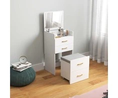 HOMCOM 3-in-1 kosmetinis staliukas su veidrodžiu, naktinė spintelė, ratukinis taburetė, stalčiai, baltas