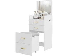 HOMCOM 3-in-1 kosmetinis staliukas su veidrodžiu, naktinė spintelė, ratukinis taburetė, stalčiai, baltas
