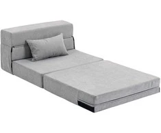 HOMCOM 3 viename miegamasis fotelis, sulankstoma sofa-lova su miego funkcija, juosmens pagalvė, poilsio fotelis su flanelo išvaizda, šezlongas svetainei, šviesiai pilkas