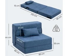 HOMCOM 3 viename miegamasis fotelis, sulankstoma miegamoji sofa su lovos funkcija, juosmens pagalvė, poilsio fotelis su flanelio danga, šezlongas svetainei, tamsiai mėlynas