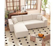 HOMCOM 3-vietė L formos kampinė sofa su keičiamu gultu, 2 pagalvėmis, spyruokliniu pamušalu, kordiniu apmušalu, svetainės baldų komplektas svetainei, miegamajam, 241x153x83 cm kreminės baltos spalvos