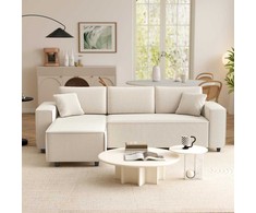HOMCOM 3 vietų kampinė sofa su keičiama gulto puse, 2 pagalvėlės, velvetinis audinys, kreminės baltos spalvos, 241x153x83 cm