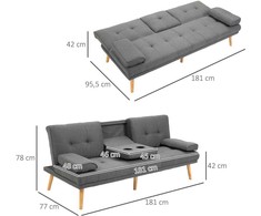 HOMCOM sofa lova, 3 vietų sofa, sofa-lova su atlenkiamu staliuku, puodelių laikikliu, skandinaviško dizaino, tamsiai pilka, iki 250 kg