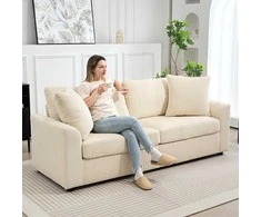 HOMCOM 3 vietų sofa, sofa su porankiais, pagalvėlės, paminkštinta sofa su velveto audinio apmušalais, storai paminkštinta svetainės sofa iki 450 kg gyvenamajam kambariui, miegamajam 212 x 80 x 88 cm, kreminės baltos spalvos