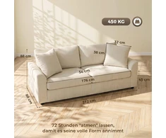 HOMCOM 3 vietų sofa, sofa su porankiais, pagalvėlės, paminkštinta sofa su velveto audinio apmušalais, storai paminkštinta svetainės sofa iki 450 kg gyvenamajam kambariui, miegamajam 212 x 80 x 88 cm, kreminės baltos spalvos