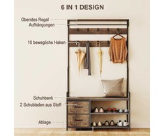 HOMCOM 6-in-1 drabužių kabykla su suoliuku ir batų lentyna, pramoninio stiliaus, 10 kabliukų, 2 audinio stalčiai, metalas, rudas