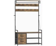HOMCOM 6-in-1 drabužių kabykla su suoliuku ir batų lentyna, pramoninio stiliaus, 10 kabliukų, 2 audinio stalčiai, metalas, rudas