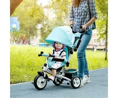 HOMCOM 6-in-1 triratukas su stūmimo strypu, vaikiškas triratukas su nuimamu stogeliu nuo saulės, pagalvėle, balansinis dviratukas su 5 taškų saugos diržais, krepšeliu, puodelio laikikliu, skirtas 1-5 metų vaikams, žalias