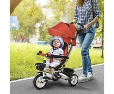 HOMCOM 6 viename triratukas su stūmimo rankena, vaikiškas triratukas su saugos diržu, sulankstomas, nuimamas stogelis nuo saulės, gėrimų laikiklis, krepšelis, pedalas, iki 25 kg, skirtas 1-5 metų vaikams, raudonas