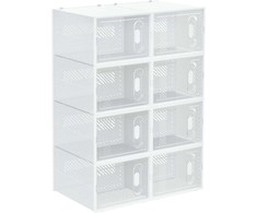 HOMCOM 8 batų dėžių rinkinys, batų organizatorius su magnetinėmis durelėmis, batų dėžė su dangčiu, batų laikymo dėžė iš plastiko, skirta batams iki 45 dydžio, skaidri+balta