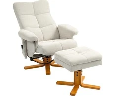 HOMCOM atlenkiamas masažinis fotelis su taburete ir daiktadėže Televizoriaus fotelis su atlenkimo funkcija 360° pasukamas su šonine kišene, odos imitacija 80 x 86 x 99 cm, kreminės spalvos, baltas