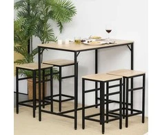HOMCOM Baro stalo rinkinys 5 dalių baro stalas 4 baro kėdės stalo komplektas virtuvės stalviršis valgomasis stalas plienas ąžuolas + juoda 100x60x88cm
