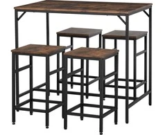 HOMCOM Baro stalo rinkinys, aukštas stalas su 4 baro kėdėmis, 5 dalių virtuvės stalo rinkinys, medžio drožlių plokštė / plienas, kaimiška ruda / juoda, 100x60x88cm