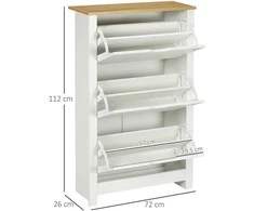 HOMCOM batų spintelė su 3 skyriais, 18 porų batų, vietą taupanti batų lentyna, balta ir natūralaus medžio spalvos, 72 x 26 x 112 cm