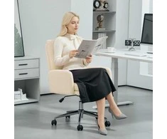 "HOMCOM" biuro kėdė Ergonomiška biuro kėdė su porankiais, ėriuko vilnos išvaizdos, reguliuojamo aukščio pasukama kėdė su supimo funkcija, minkšta namų biuro kėdė, kreminės baltos spalvos