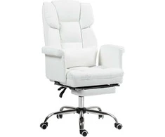 "HOMCOM" biuro kėdė, ergonomiška darbo kėdė su atlošimo funkcija, juosmens pagalvėle, reguliuojamo aukščio kompiuterio kėdė su atramomis kojoms, sukimosi funkcija, skirta namų biurui, odos imitacija, balta