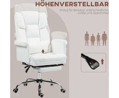 HOMCOM biuro kėdė, ergonomiška rašomojo stalo kėdė su atsilenkimo funkcija, juosmens pagalvėle, reguliuojamo aukščio kompiuterio kėdė su kojų atrama, sukimosi funkcija, skirta namų biurui, dirbtinė oda, balta