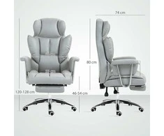 "HOMCOM" biuro kėdė su atsilenkimo funkcija, ergonomiška biuro kėdė, reguliuojamo aukščio sukamoji kėdė su kojų atrama, minkšta, keliamoji galia iki 120 kg, skirta biurui, kabinetui, šviesiai pilka