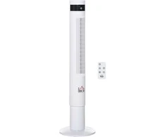 HOMCOM Bokštinis ventiliatorius su nuotolinio valdymo pulteliu 85° Svyruojantis pjedestalinis ventiliatorius 110 cm Koloninis ventiliatorius 50 W 3 režimai ir 3 greičiai PE plastikas Plienas Baltas